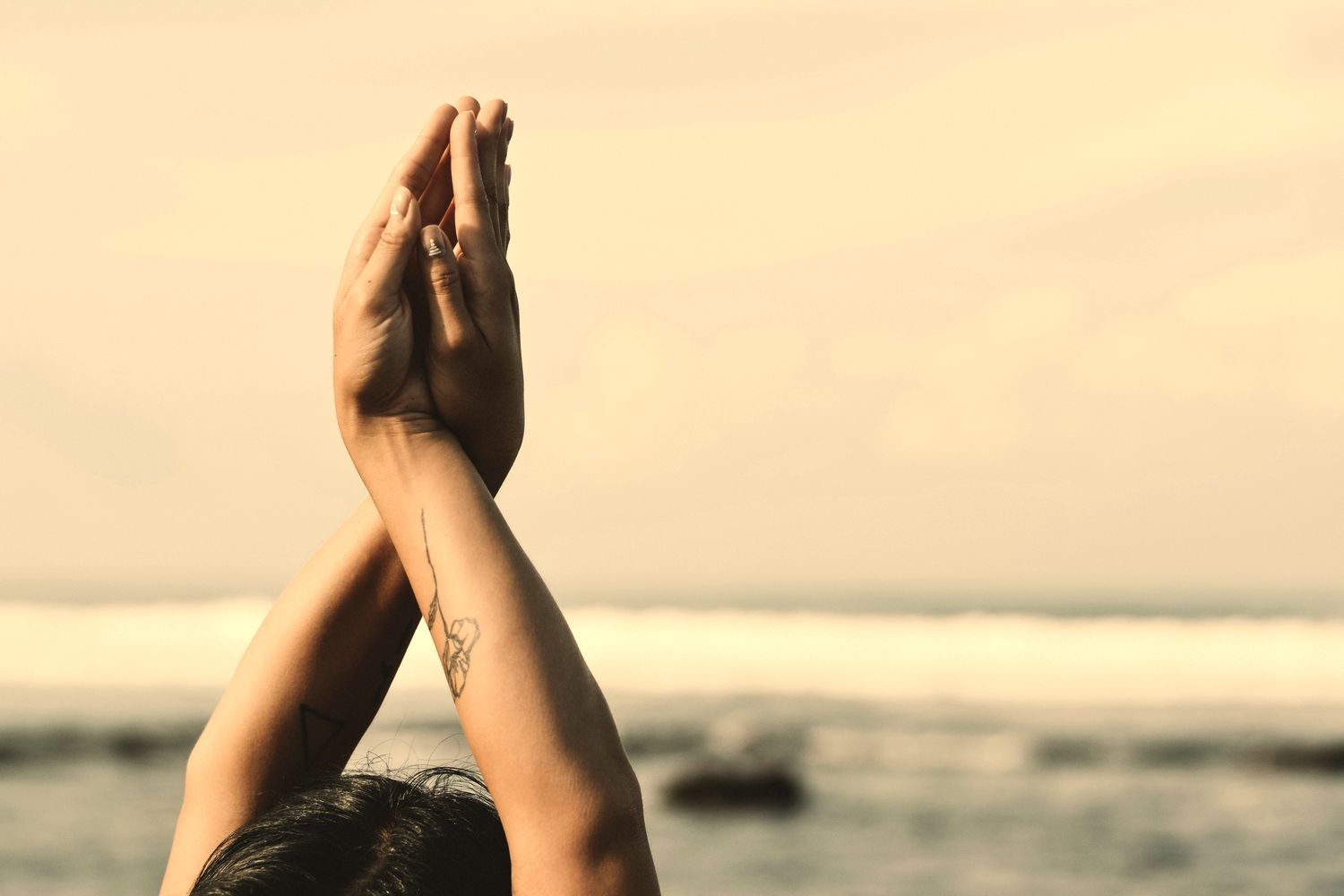 Joined hands raised in front of the sea